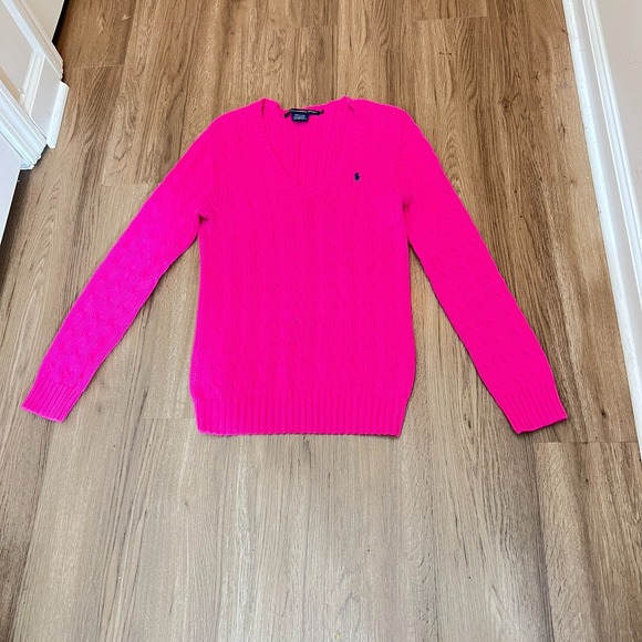 Ralph Lauren Sport Sweaters - Ralph Lauren Sport Medium Hot Pink Cable Knit V Neck Cotton Sweater Preppy